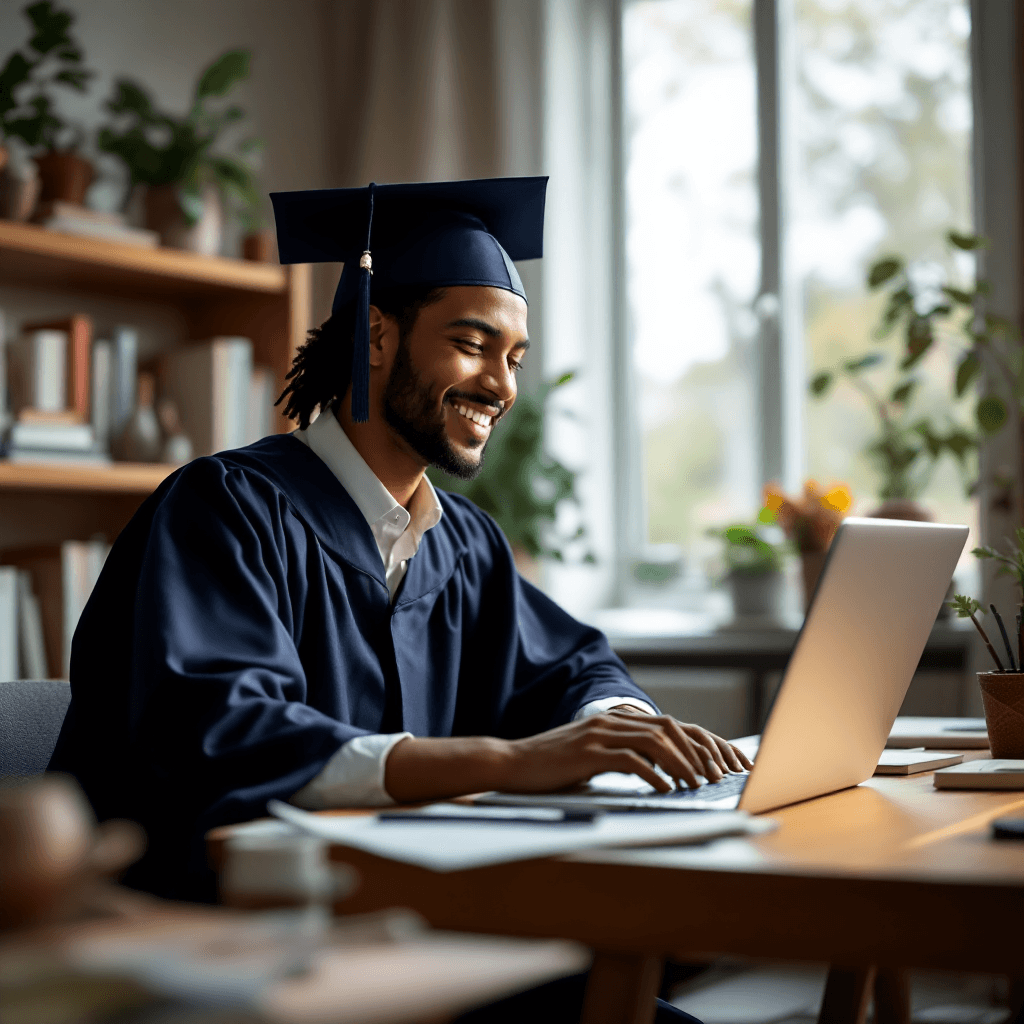 10 Benefits of Online Degrees: Why Accredited Programs Are Transforming Education in 2026 Student celebrating online degree completion on laptop at home office