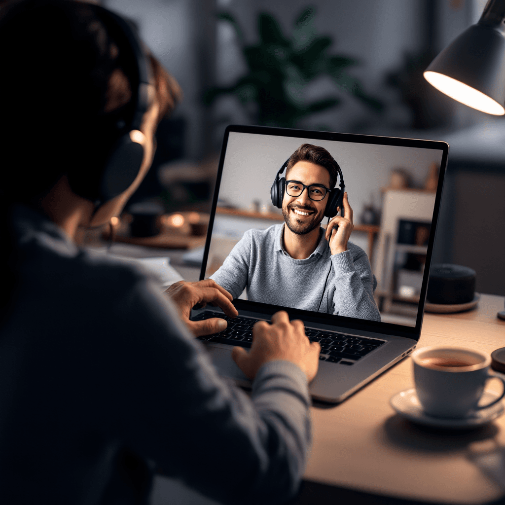 Cambly Review 2026: Pricing, Free Lesson Code & Is It Worth It? Person having an engaging online English video call on laptop with Cambly tutor