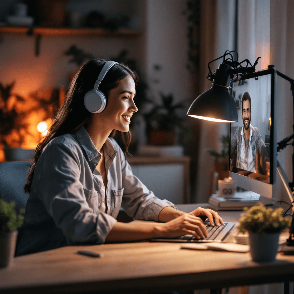 How to Become an Online English Teacher on Cambly in 2026 Online English teacher wearing headphones during video call lesson from home desk