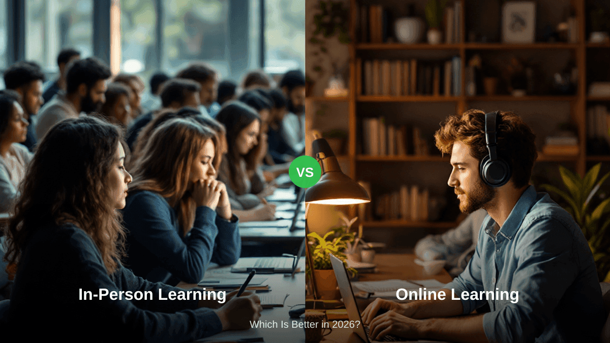 Online vs In-Person Learning: Which Is Better in 2026? Split view of university lecture hall and home office - online vs in-person learning comparison 2026
