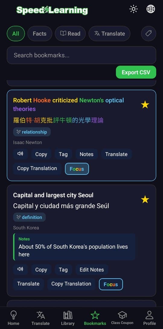 Saved bookmarks with color-matched translations and notes