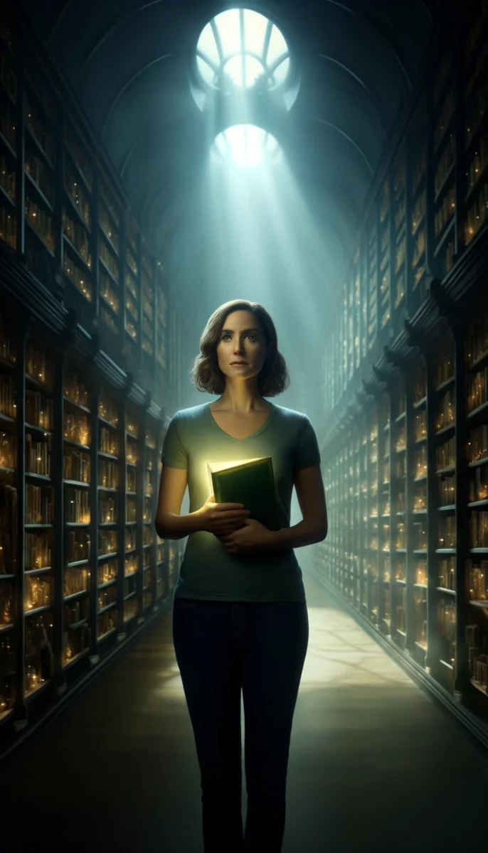 Nora in the Midnight Library holding a book about her next preview of another life
