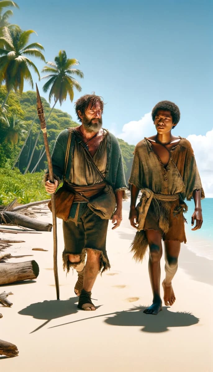 Robinson Crusoe walking on a deserted island - classic novel by Daniel Defoe